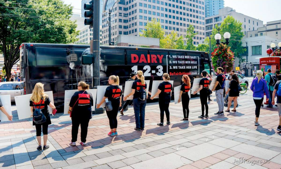 downtown city with be fair be vegan ad on bus