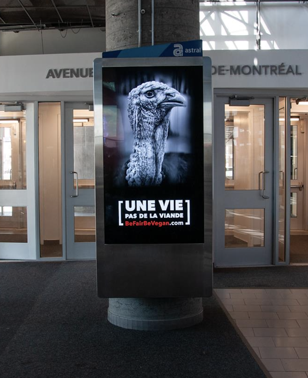 train station ad for be fair be vegan